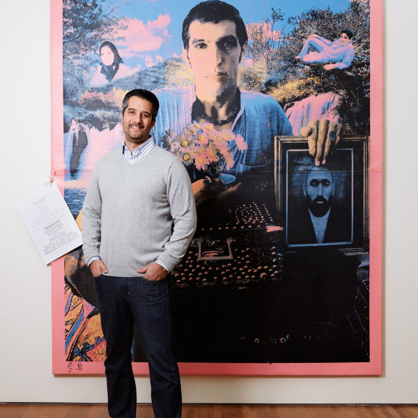 Mohammed Afkhami with a work by Khosrow Hassanzadeh, Terrorist: Khosrow (2004), from his collection Mohammed Afkhami Foundation _______________________ Courtesy of The Art Newspaper and Mohammed Afkhami