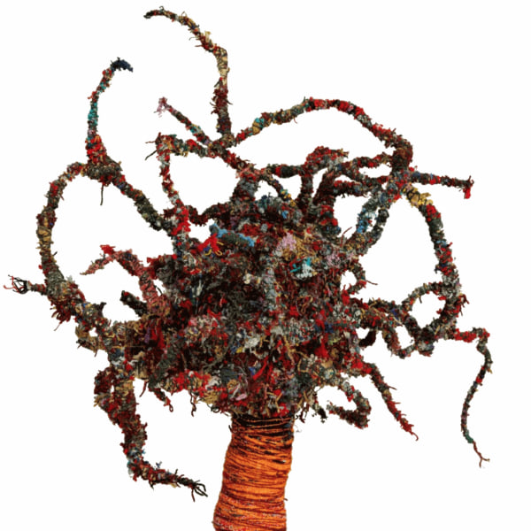 Bita Fayyazi Beautiful Creatures - One Foot Grounded, The Other Dancing Till … (The Red Shoes Classic), 2014-2023 Weaving Yarn, throw-away yarn (recycled), broken ceramics, metal wire Approx: 365 x 60 x 40 cm