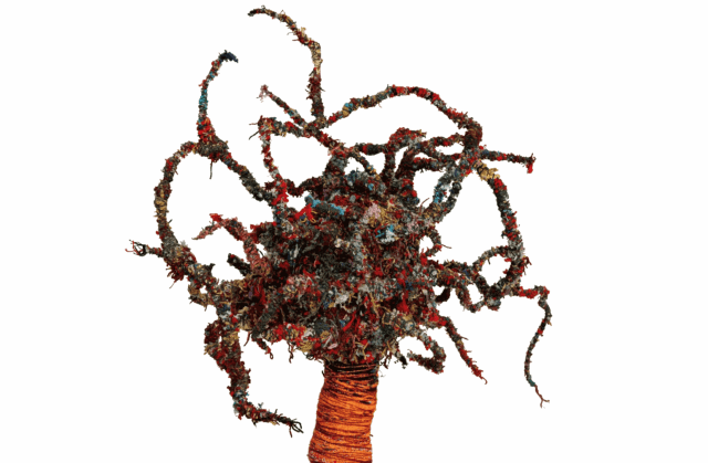 Bita Fayyazi Beautiful Creatures - One Foot Grounded, The Other Dancing Till … (The Red Shoes Classic), 2014-2023 Weaving Yarn, throw-away yarn (recycled), broken ceramics, metal wire Approx: 365 x 60 x 40 cm