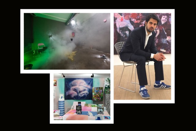 Clockwise from left: Installation view of Amin Akbari, “Unsafe Zone/Domestic Production” at Electric Room, 2018; portrait of Hormoz Hemmatian; installation view of “A Camp” at Dastan Gallery, 2017. All Courtesy of Dastan Gallery.