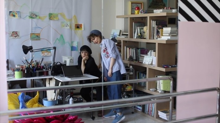 Shokoufeh Khoramroodi and Taba Fajrak at their studio in Tehran. Still from the video "Encounter: Company" by Alborz Kazemi.