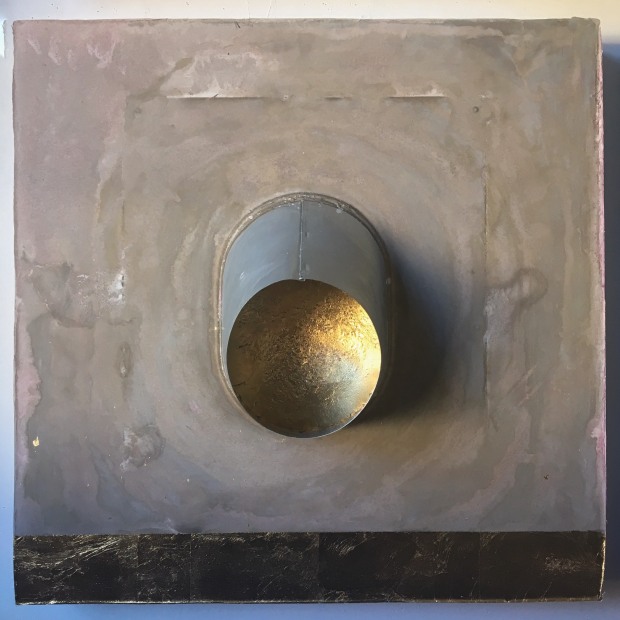 Peephole Gold, 2017 cement, fabric, gold leaf, tin on wood 61 x 61 cm