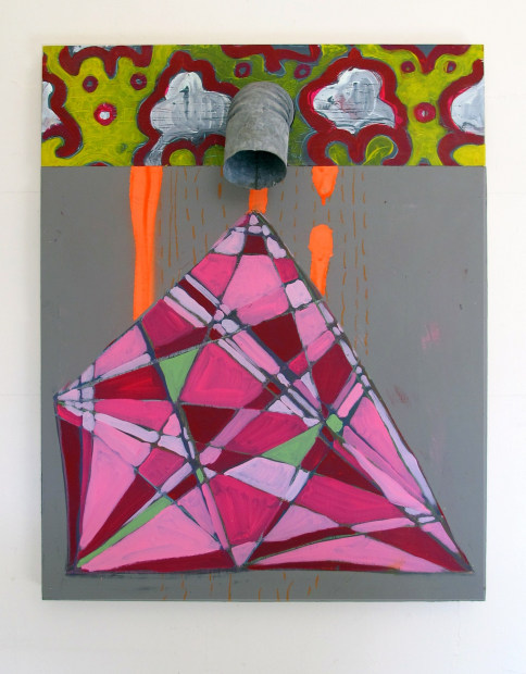 Pink Triangle, 2017 acrylic, oil, spray paint, cement, tin on wood 86 x 61 cm